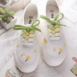White Green Flowers Florals Lace Up Sneakers Flats Shoes