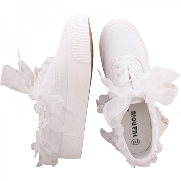 White Lace Flowers Flounce Bridal Bow Lace Up Sneakers Flats Shoes