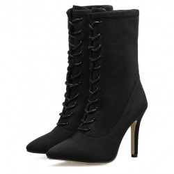 Black Point Head Mid Length Lace Up Rider Stiletto High Heels Boots Shoes