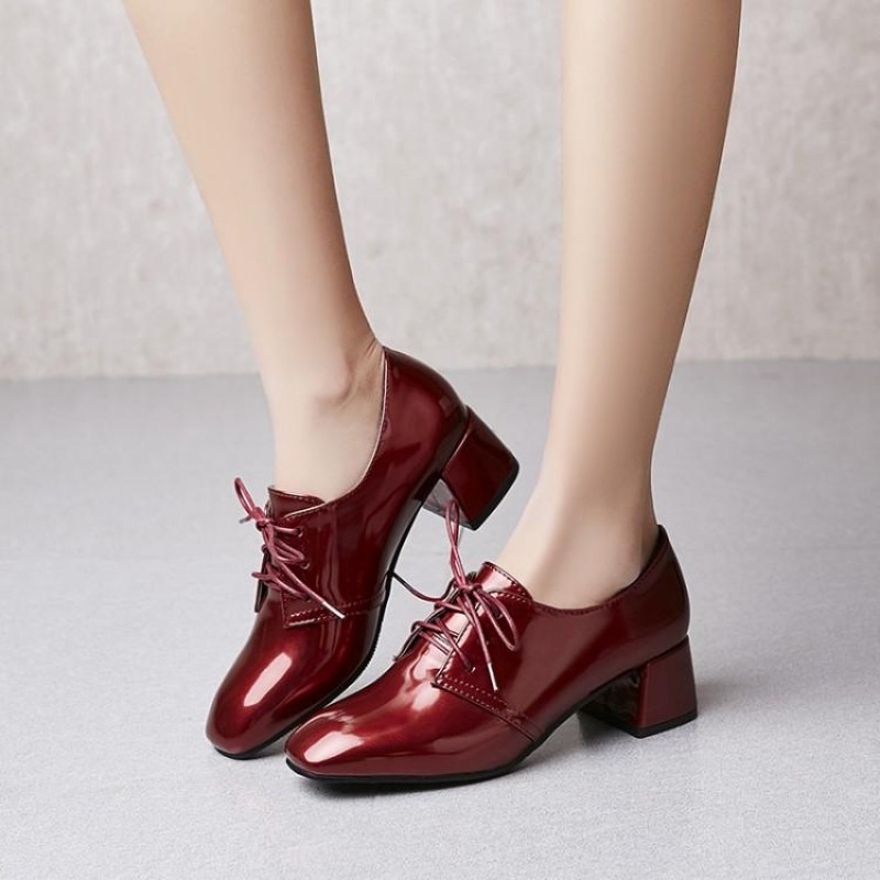 Burgundy Red Patent Glossy Lace Up Blunt Head High Heels Oxfords Dress ...