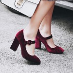 Burgundy Red Velvet Mary Jane Block High Heels Shoes