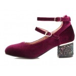 Burgundy Red Velvet Ballets Mary Jane Glittering Block High Heels Shoes