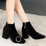 Black Velvet Suede Blunt Head Round Buckle Ankle Boots Shoes