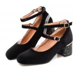 Black Velvet Ballets Mary Jane Glittering Block High Heels Shoes