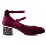 Burgundy Red Velvet Ballets Mary Jane Glittering Block High Heels Shoes