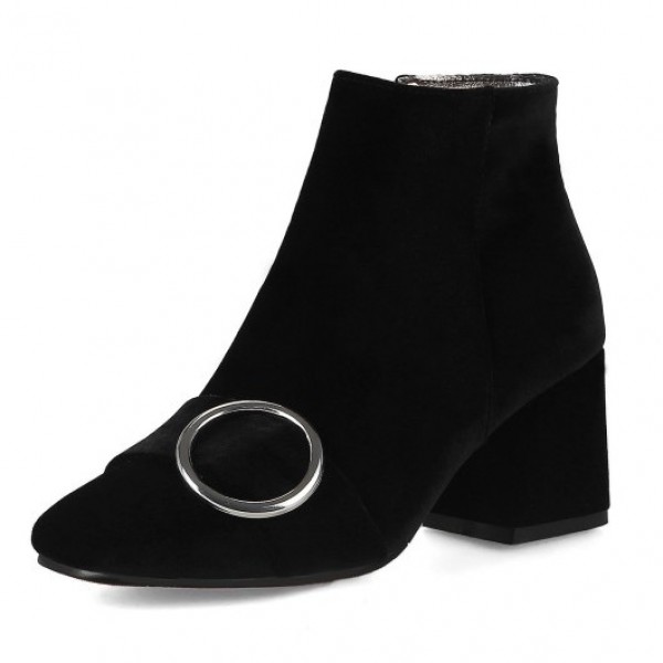 Black Velvet Suede Blunt Head Round Buckle Ankle Boots Shoes
