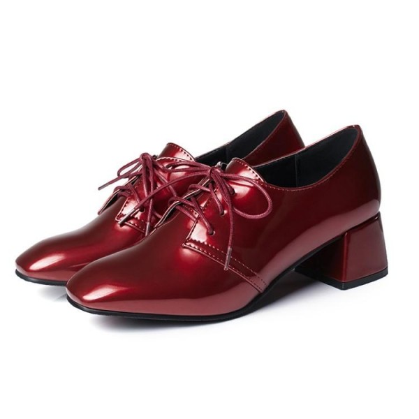 Burgundy Red Patent Glossy Lace Up Blunt Head High Heels Oxfords Dress Shoes