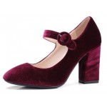 Burgundy Red Velvet Mary Jane Block High Heels Shoes
