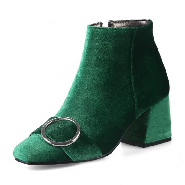 Green Velvet Suede Blunt Head Ankle Boots Shoes