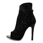 Black Diamantes Ankle Strap Sexy High Heels Stiletto Sandals Shoes