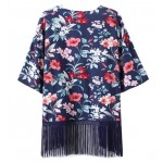 Blue Florals Oriental Pattern Fringes Batwing Sleeves Kimono Cardigan Outer Wear