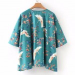 Turquoise Vintage Oriental Crane Retro Batwing Kimono Cardigan Outer Wear