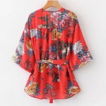 Red White Oriental Pattern Long Sleeves Chiffon Kimono Cardigan Outer Wear