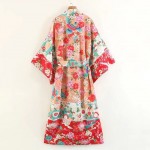 Red Blue Florals Crane Pattern Japanese Long Sleeves Kimono Cardigan Outer Wear
