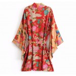 Orange Red Florals Crane Long Sleeves Kimono Cardigan Outer Wear