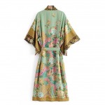 Green Florals Oriental Pattern Long Sleeves Kimono Cardigan Outer Wear