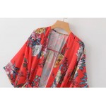 Red White Oriental Pattern Long Sleeves Chiffon Kimono Cardigan Outer Wear