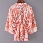 Pink Flowers Retro Batwing Chiffon Kimono Cardigan Outer Wear