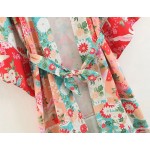 Red Blue Florals Crane Pattern Japanese Long Sleeves Kimono Cardigan Outer Wear