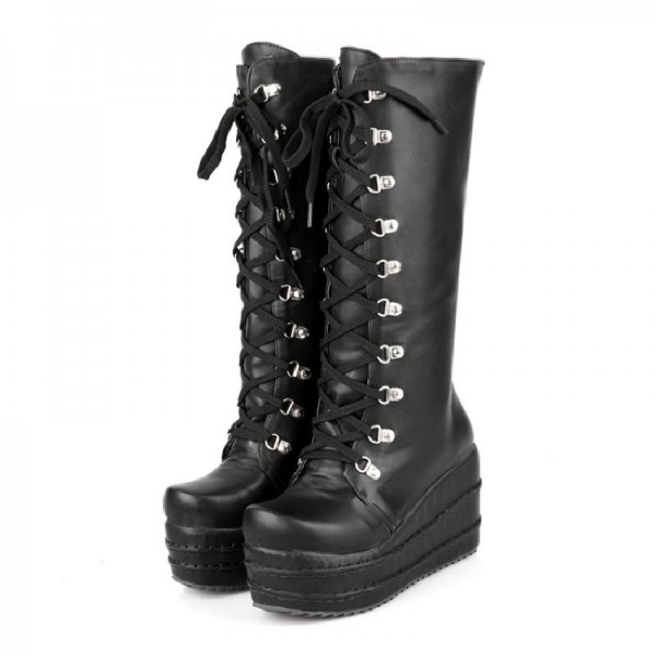 Black Chunky Platforms Wedges Sole Grunge Gothic High Top Boots Shoes