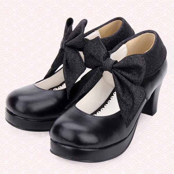 Black Giant Bow Lolita Sweet Mary Jane High Heels Shoes