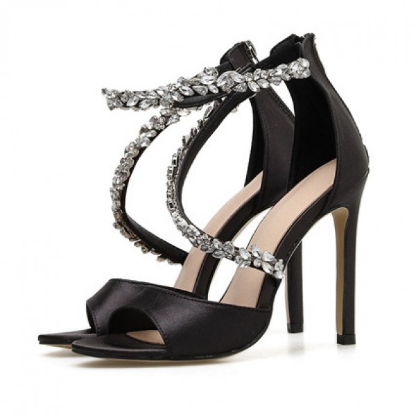 Black Satin S Strappy Diamantes Bling Bling High Heels Stiletto Sandals Shoes