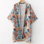 Blue Florals Crane Pattern Japanese Long Sleeves Kimono Cardigan Outer Wear