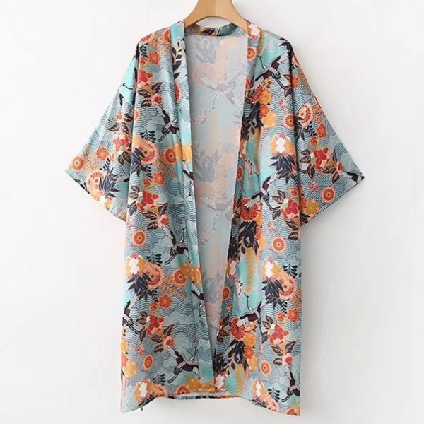 Blue Florals Crane Pattern Japanese Long Sleeves Kimono Cardigan Outer Wear