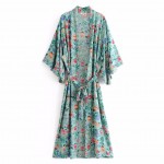 Blue Florals Flowers Pattern Long Sleeves Kimono Robe Cardigan Outer Wear
