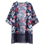 Blue Florals Oriental Pattern Fringes Batwing Sleeves Kimono Cardigan Outer Wear