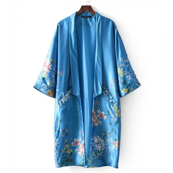 Blue Florals Pattern Long Sleeves Silky Kimono Cardigan Outer Wear