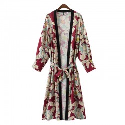 Burgundy Flowers Pattern Japanese Long Sleeves Kimono Cardigan Outer Wear
