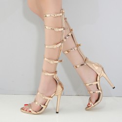 Gold Metallic Thin Straps Boots High Heels Stiletto Gladiator Sandals Shoes