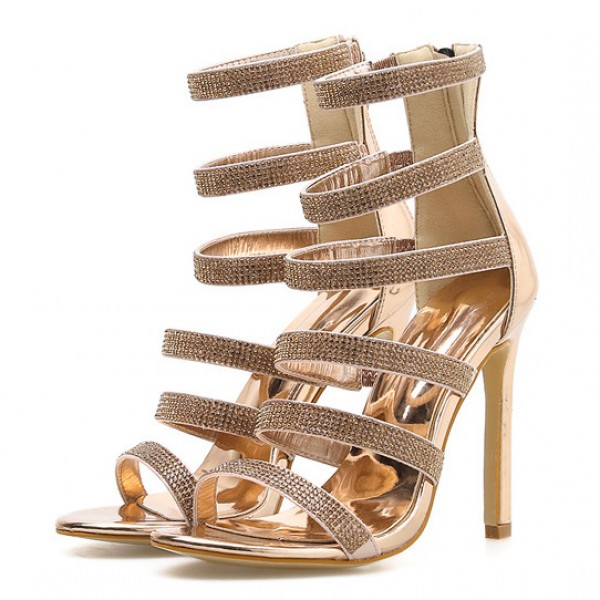 Gold Strappy Diamantes Bling Bling High Heels Stiletto Wedding Bridal Sandals Shoes