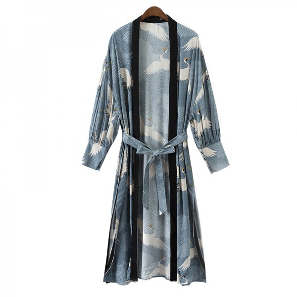 Grey Crane Pattern Japanese Long Sleeves Kimono Cardigan Outer Wear