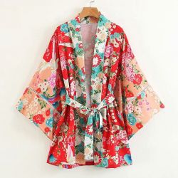 Red Blue Florals Crane Japanese Batwing Sleeves Kimono Cardigan Outer Wear