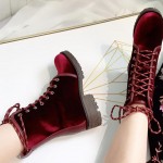 Burgundy Velvet Lace Up Combat Military Boots Shoes
