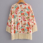 Cream Fowers Florals Vintage Retro Pattern Chiffon Tassels Kimono Cardigan Outer Wear
