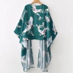 Green White Crane Oriental Satin Kimono Cardigan Outer Wear