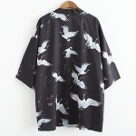 Black Vintage Oriental Crane Retro Batwing Kimono Cardigan Outer Wear