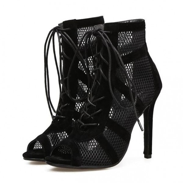Black Net Sheer Peep Toe Lace Up Boots High Stiletto Heels Sandals Shoes