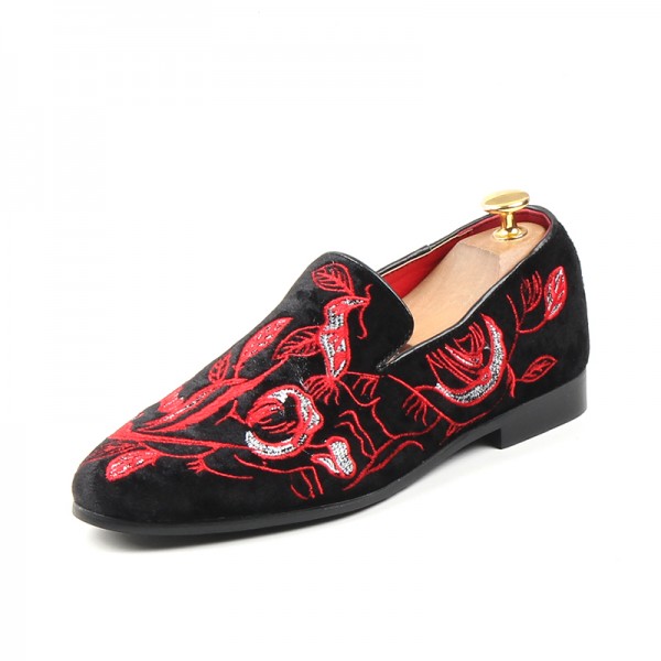 Black Velvet Red Embroidered Totem Loafers Dapperman Dress Shoes Flats
