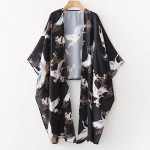 Black White Crane Oriental Satin Kimono Cardigan Outer Wear