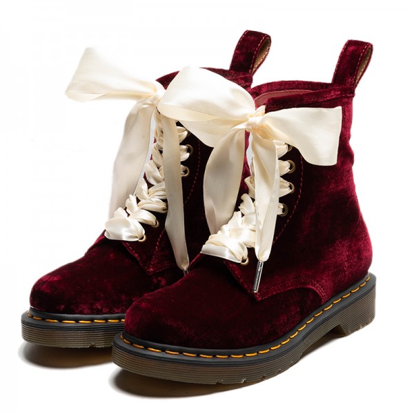 Burgundy Velvet White Ribbon Lace Up Combat Military Boots Shoes