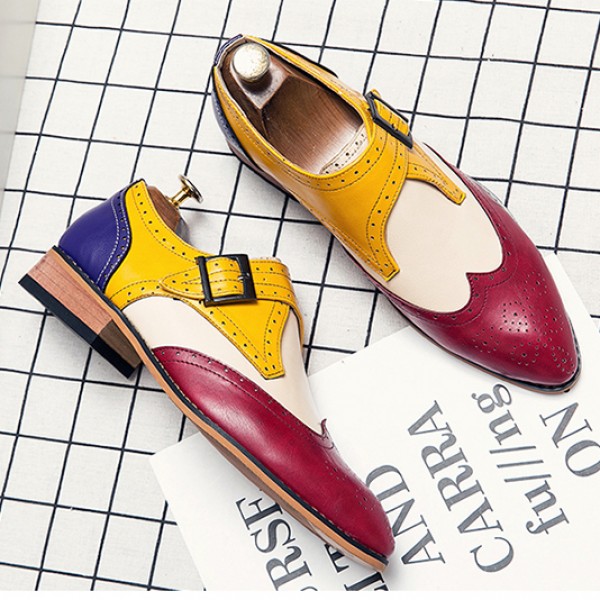 Burgundy Yellow Pointed Head Monks Strap Mens Dappermen Dapper Loafers Shoes