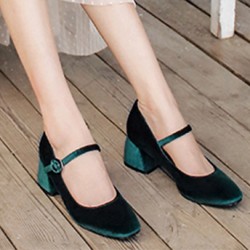 Green Velvet Mary Jane Block High Heels Shoes