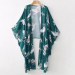 Green White Crane Oriental Satin Kimono Cardigan Outer Wear