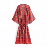 Red Florals Oriental Pattern Long Sleeves Kimono Cardigan Outer Wear