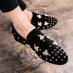 Black Suede Gold Bees Spike Studs Punk Rock Mens Loafers Flats Dress Shoes