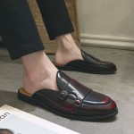 Burgundy Leather Buckles Mens Formal Slip On Flats Sandals Loafers Shoes